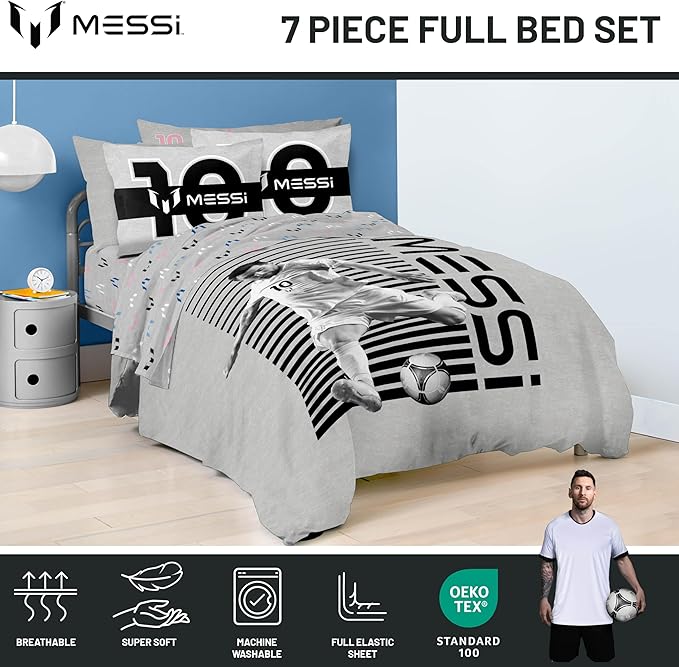 Jay Franco Kids Comforter Set Includes Sheets and Pillow Cover - Soft and Cozy Bed Set for Stylish Room Décor, Grey - Lionel Messi, 7 Piece Full