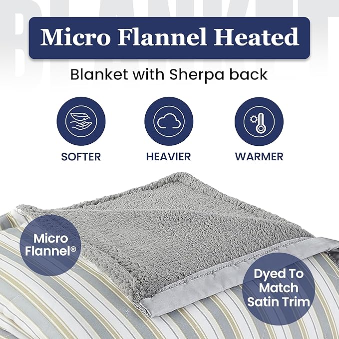 Thermee Micro Flannel Heated Blanket with Sherpa Back, 10-Setting Electric Blanket Queen Size, Programmable Heating Blanket, Ultra-Soft Heated Throw Blanket, Fast Heating Thermal Blanket-City Stripe