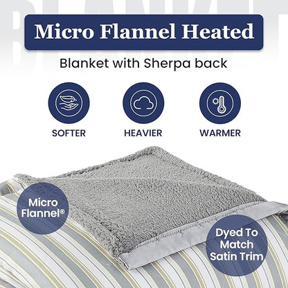 Thermee Micro Flannel Heated Blanket with Sherpa Back, 10-Setting Electric Blanket Queen Size, Programmable Heating Blanket, Ultra-Soft Heated Throw Blanket, Fast Heating Thermal Blanket-City Stripe