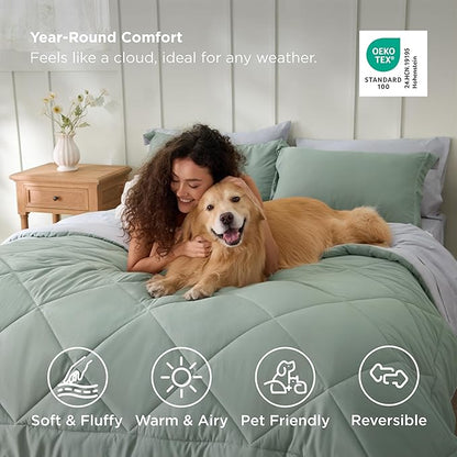 Bedsure Full Size Comforter Set - 7 Pieces Reversible Sage Green Bedding, Full Size Bed Set for All Seasons, Bed in a Bag with Down Alternative Comforter, Sheets, Pillowcases & Shams