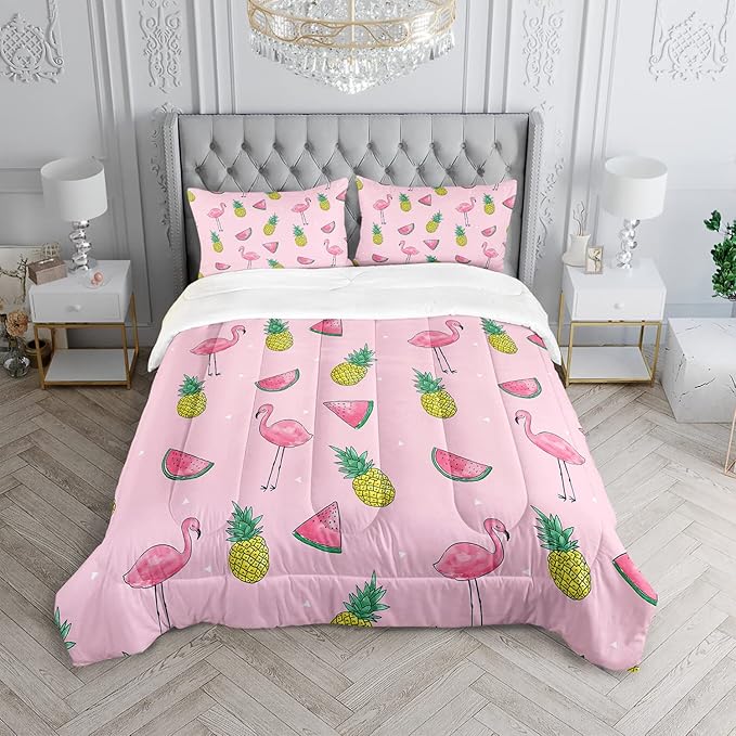 Flamingo Watermelon Comforter Set Twin Size Tropical Flamingo Pineapple Bedding Set Cool Summer Quilted Duvet for Kids Girls Boys Adult with 1 Comforter and 2 Pillowcases