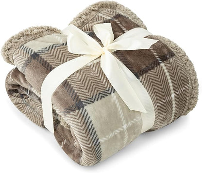 PAVILIA Taupe Plaid Sherpa Throw Blanket for Couch Twins, Soft Fuzzy Cabin Blanket and Throws, Warm Cozy Winter Gift Blanket, 60x80