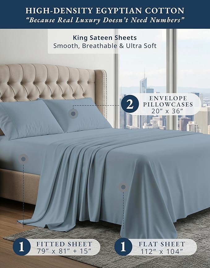 100% Egyptian Cotton King Size Sheets- Naturally Breathable & Durable Winter Comfort, Ultra-Soft Hotel Comfort with 15" Deep Pocket King Sheet Set, Silky Sateen Weave Luxury You Can Feel- French Blue