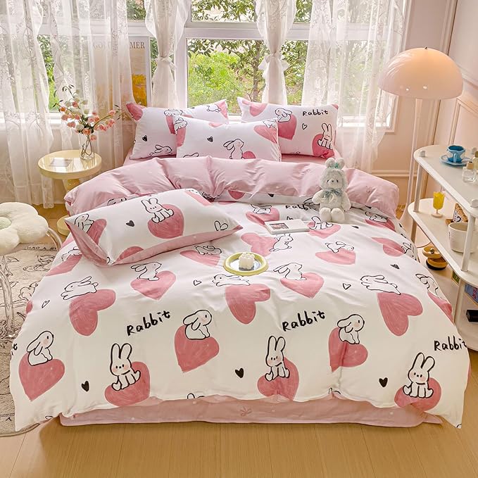 AOJIM Pink Duvet Cover Set Pure Cotton, 1 Rabbit Comforter Cover and 2 Pillowcases, Soft Lightweight Bed Set Queen Size, Quilt Cover for Room Decor (No Comforter)