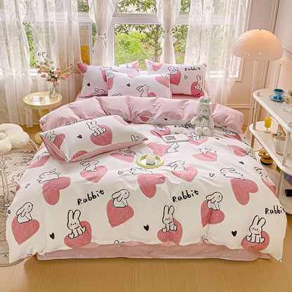 AOJIM Pink Duvet Cover Set Pure Cotton, 1 Rabbit Comforter Cover and 2 Pillowcases, Soft Lightweight Bed Set Queen Size, Quilt Cover for Room Decor (No Comforter)