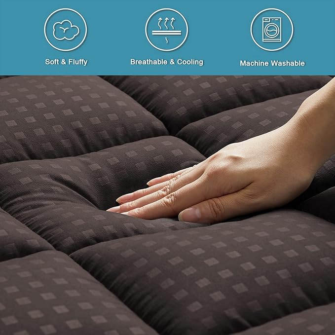 HYLEORY Full Mattress Pad Quilted Fitted Mattress Protector Cooling Pillow Top Mattress Cover Breathable Fluffy Soft Mattress Topper with 8-21" Deep Pocket, Brown