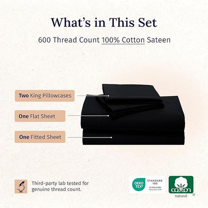 California Design Den King Sheet Set - Luxury 600 Thread Count Sateen, Natural 100% Cotton, Fully Elasticized Deep Pocket King Bed Sheets, Crisp, Cool and Durable Hotel Quality Bedding - Black