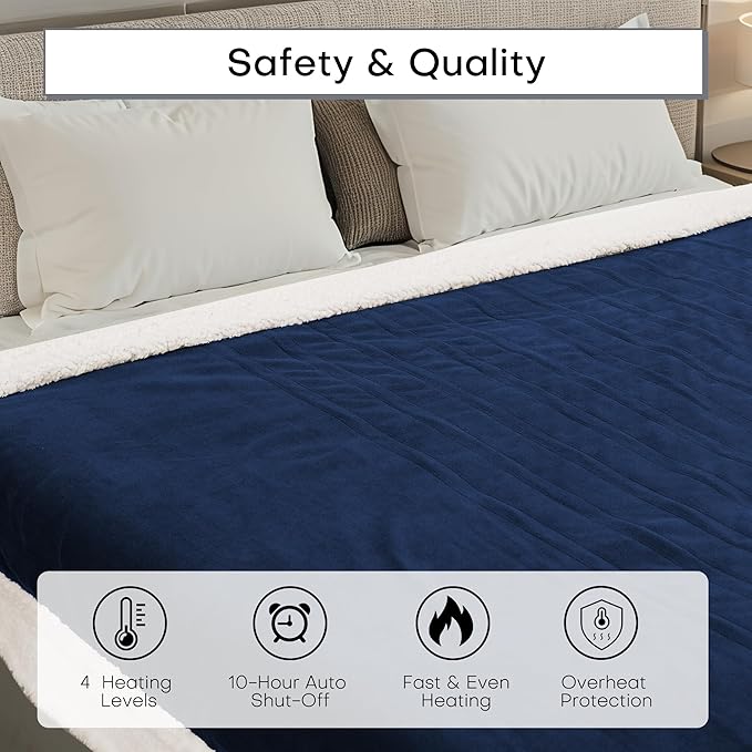 Electric Heated Blanket Full Size 72"x84" - Dual-Sided with Microplush & Sherpa Fabric, 4 Heat Settings & 10 Hours Auto Off, Machine Washable - Dark Blue