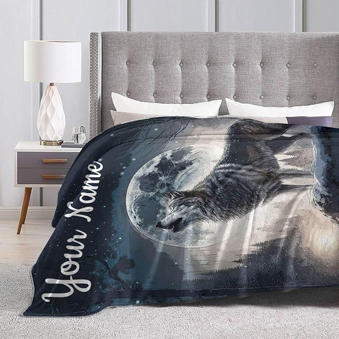 Custom Howling Wolf Blanket with Name for Boys Girls, Personalized Cool Wolf Themed Design Printed Throw Blankets for Kids Lap, Chair, Giftable Blanket, 30"x 40"
