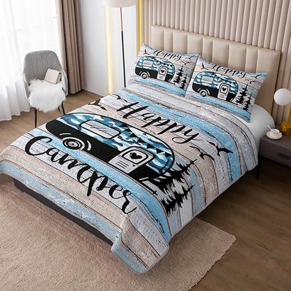 HOSIMA Happy Camper Decor Twin Quilt Set,Camouflage Camping Quilt for Adults Room Decor,Camper Accessories for Travel Trailers Camping Themed Bedding with 2 Pillowcases.