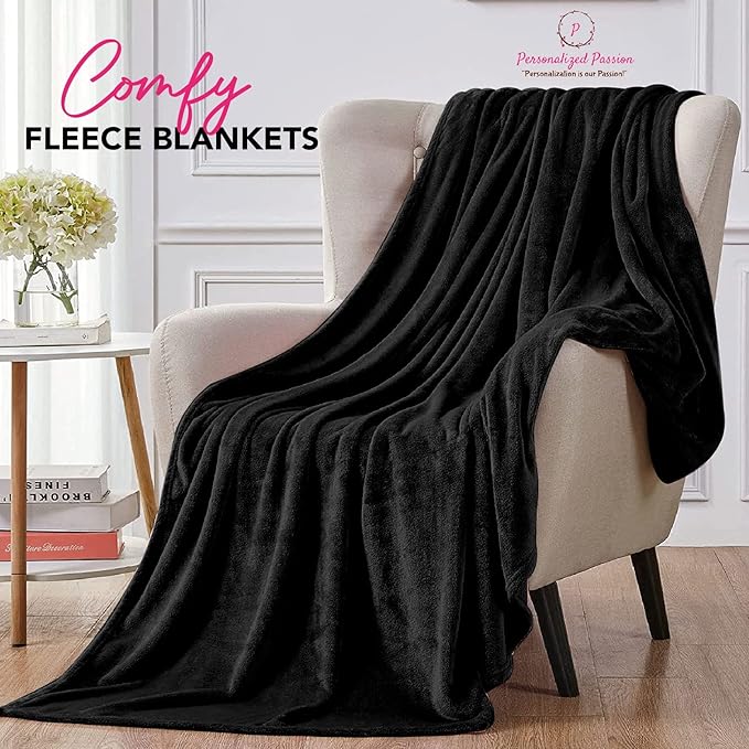 Personalized Blankets for Adults - Custom Blanket with Embroidered Name or Monogram - Soft Fleece Throw Cover for Bed & Couch - Black (60"x80")