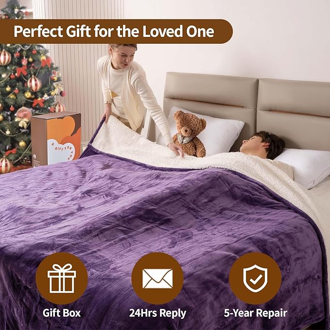 Bearhug Electric Blanket King Size 100" x 90", Dual Controller Heated Blanket, Velvet & Sherpa, 10-Heating Level & 0.5-12H Auto Off, Over-Heat Protect, ETL, Machine Washable