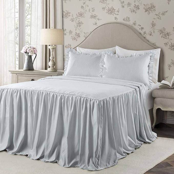 Lush Decor Ticking Stripe Bedspread King Size 3 Piece Set Lake Blue - Ruffle Bedding Set King Bedspreads - Striped Bedding - Farmhouse & Coquette Decor