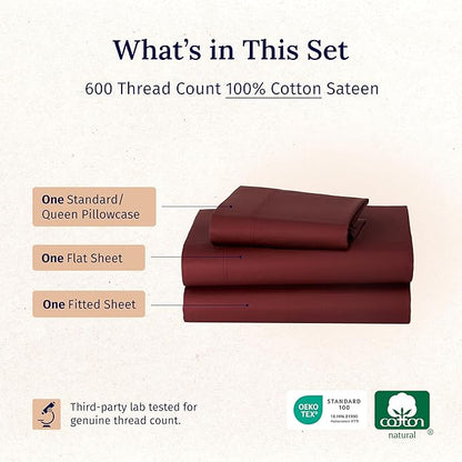 California Design Den 100% Cotton Sheets Twin XL Size Set - Luxury 600 Thread Count, Sateen, Deep Pocket Twin XL Sheets Set, Soft and Cooling Hotel-Quality Bed Sheet Set - Brick Red