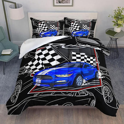 AILONEN Blue Racing Car Comforter Set Twin Size, Racing Flag Black White Bedding Set for Boys Kids Teens,Extreme Sports Bed in a Bag 3Pcs,1 Quilt and 2 Pillowcases,Soft Microfiber for All Season
