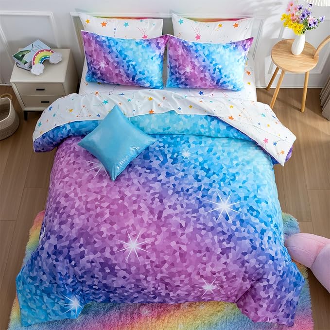 A Nice Night 6Pcs Gradient Abstract Art Grid Mosaic Geometric Bedding Set for Girls, Colorful Rainbow Galaxy Comforter Set, Ultra Soft Bedding Sets (PinkBlue,Full 6Pcs)