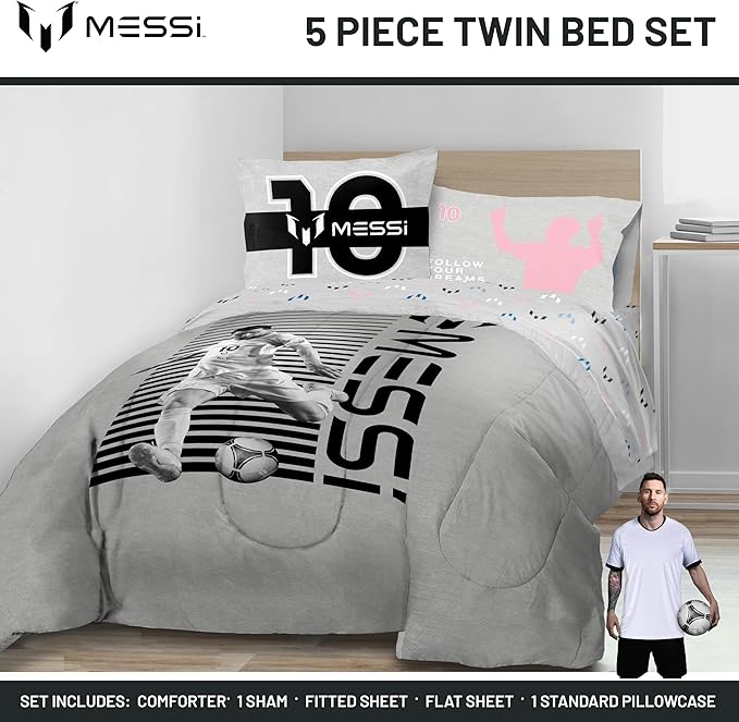Jay Franco Kids Comforter Set Includes Sheets and Pillow Cover - Soft and Cozy Bed Set for Stylish Room Décor, Grey - Lionel Messi, 5 Piece Twin