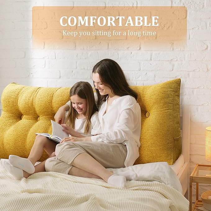 14 lbs Thickened King Headboard Pillow Wedge Pillow Headboard Reading Pillow Bed for Backrest Reading Triangular Pillow with Side Pocket for Sitting in Bed Cotton Linen Yellow