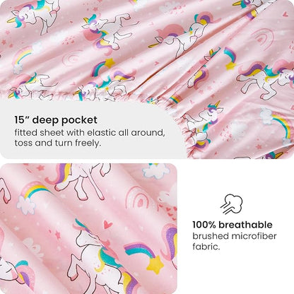 Mooreeke Twin Size Comforter Sets for Girls Kids, 6 Pieces Bed in a Bag Heart Rainbow Unicorn Bedding Comforter Sheet Set with Shams and Decorative Toy Pillow, Ultral Soft Microfiber Kids Bed Set