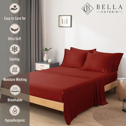 Bella Coterie 7 Piece Luxury Bamboo Viscose Split King Size Sheet Set | 2 Fitted Sheets for Adjustable Beds | 100% Organically Grown | Cooling for Hot Sleepers | 4 Pillowcases [Merlot]