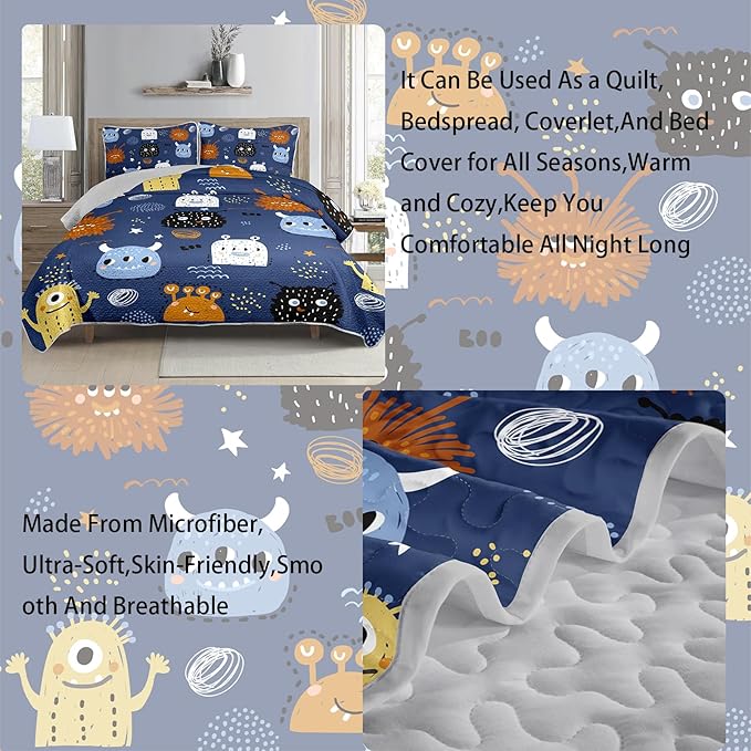 AILONEN Cartoon Monster Quilt Set Queen Size Hip Hop Bedspread Coverlet for Kids Boys,Funny Navy Blue Bedding with 2 Pillowcases,Bed Cover