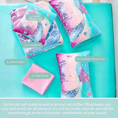 RYNGHIPY Kids Girls Comforter Set 6Pcs, Mermaid Bed in a Bag Full Size, Fish Tail Print Teens Girls Bedding Set, Rainbow Bedding Collections