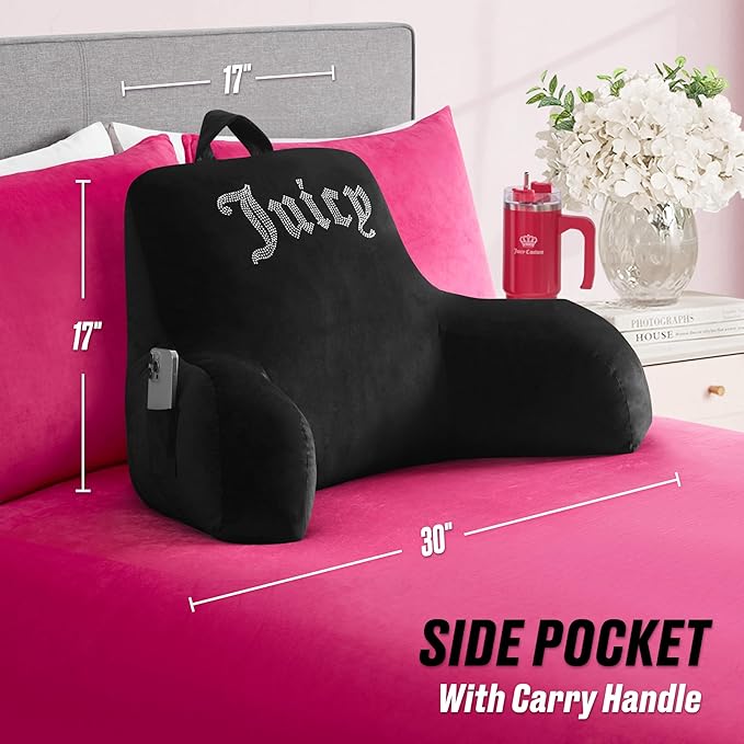 Juicy Couture Velour Backrest Pillow with Rhinestone Juicy Logo - 30"x17", Black Supportive Bed Rest Pillow for Reading, Gaming, or Relaxing