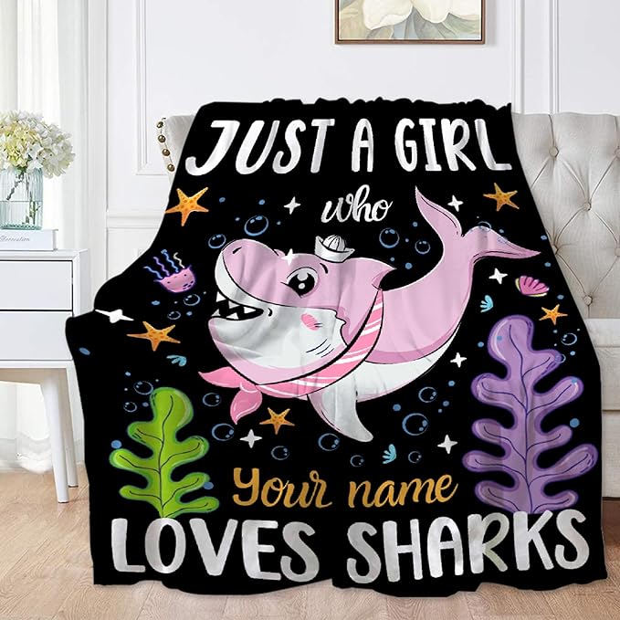 Custom Just A Girl Who Loves Sharks Blankets Gifts for Kids Adult On Bed Sofa,Personalized Premium Flannel Blankets for Birthday Christmas Thanksgiving All Season Use 50''x 60'' -M