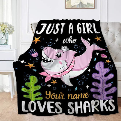 Custom Just A Girl Who Loves Sharks Blankets Gifts for Kids Adult On Bed Sofa,Personalized Premium Flannel Blankets for Birthday Christmas Thanksgiving All Season Use 50''x 60'' -M