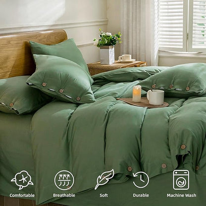 JELLYMONI Cotton Duvet Cover Cal King Size - Green Comforter Cover with Button 100% Washed Cotton 3PCS Breathable Soft Solid Bedding Set Duvet Cover 104×98in & 2 Pillowcases (NO Comforter)