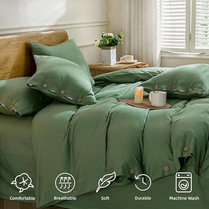 JELLYMONI Cotton Duvet Cover King Size - Green Comforter Cover with Button 100% Washed Cotton 3PCS Breathable Soft Solid Bedding Set Duvet Cover 104×90in & 2 Pillowcases (NO Comforter)