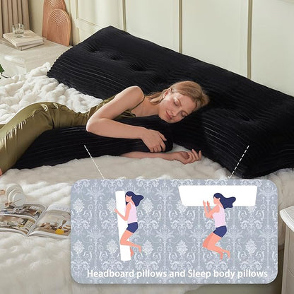 Headboard Wedge Pillow + A Long Neck Roll Pillow Body Pillow，Large Headboard Pillow with Removable Cover (Black, King：76x8x20 inches)