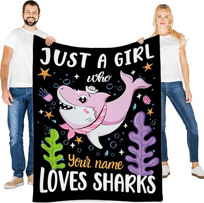 Custom Just A Girl Who Loves Sharks Blankets Gifts for Kids Adult On Bed Sofa,Personalized Premium Flannel Blankets for Birthday Christmas Thanksgiving All Season Use 40''x 50'' -S