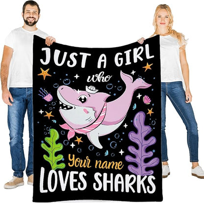 Custom Just A Girl Who Loves Sharks Blankets Gifts for Kids Adult On Bed Sofa,Personalized Premium Flannel Blankets for Birthday Christmas Thanksgiving All Season Use 40''x 50'' -S
