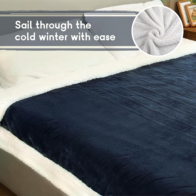 Heated Electric Blanket Queen Size 84''x90'', Dual Controller Soft Flannel with 6 Heat Settings 1-10 Hour Auto Off Large Blanket for Bed - Navy