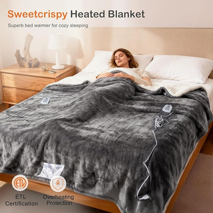 Sweetcrispy Heated Blanket Twin Size, 62''x84'' Heating Electric Blanket with 10 Heat Levels and Auto-Off, Washable Dual-Sided Flannel & Sherpa Fabric Electric Blanket Warmer ETL Certificated