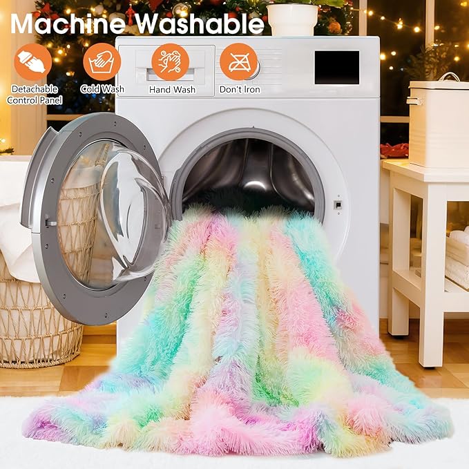 Heated Electric Blanket Twin,Warm Winter Birthday Gifts for Women Her Grandma–Faux Fur with Soft Sherpa,10 Heat Settings,5 Time Settings with Fast Heating, 62x84, Rainbow