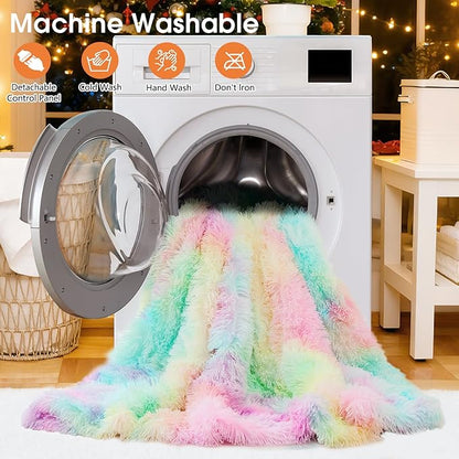Heated Electric Blanket Twin,Warm Winter Birthday Gifts for Women Her Grandma–Faux Fur with Soft Sherpa,10 Heat Settings,5 Time Settings with Fast Heating, 62x84, Rainbow