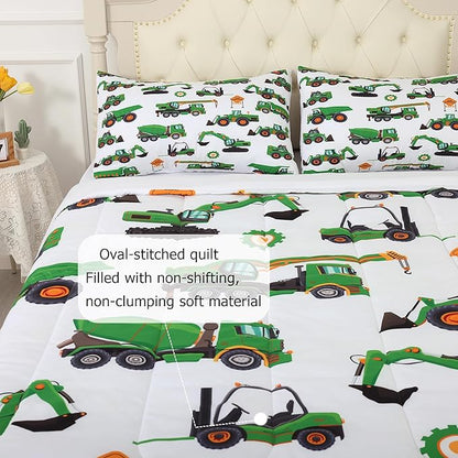 Comforter Set Green Tractor: Twin Size Cartoon Excavator Truck Car Bedding Sets for Boys Kids Teens Toddler Construction Vehicles Quilt Bed Set with 1 Comforter & 1 Pillow Case