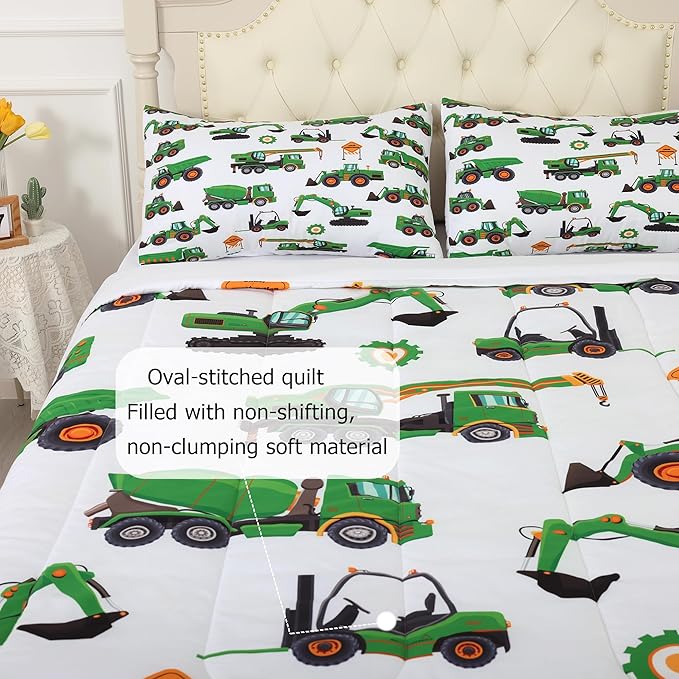 Comforter Set Green Tractor: Full Size Cartoon Excavator Truck Car Bedding Sets for Boys Kids Teens Toddler Construction Vehicles Quilt Bed Set with 1 Comforter & 2 Pillowcases
