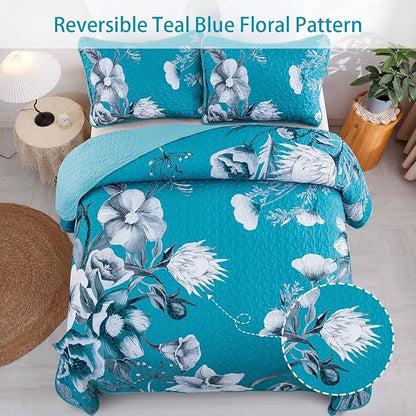 Floral Quilt Set Queen 3 Pieces Teal Blue Floral Quilt Coverlet Set Soft Microfiber Lightweight Teal Blue Quilted Bedspread for All Season 90"x96"