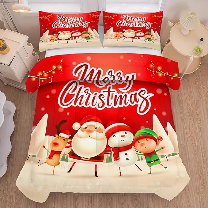 Christmas Comforter Sets Queen Size Xmas Santa Gnomes Bedding Sets Snowing Santa Claus Quilt for Bedroom,1 Comforter + 2 Pillow Cases
