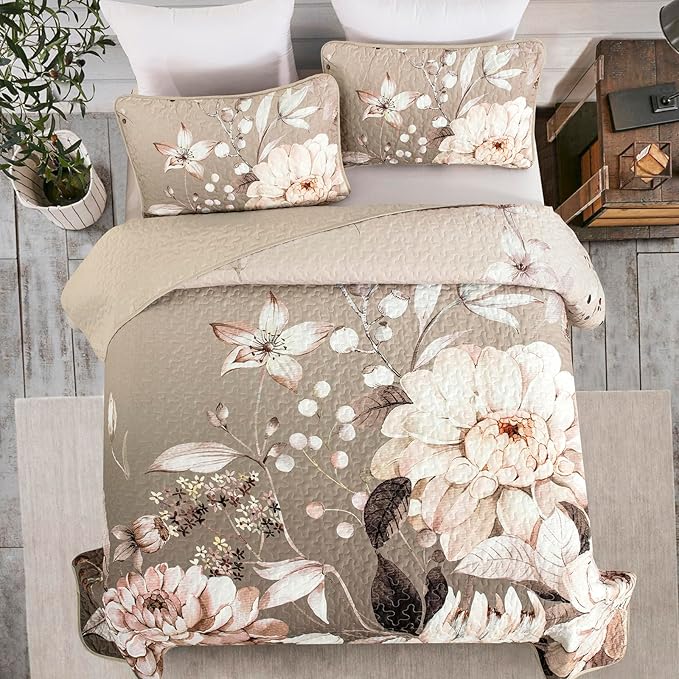 Drucon Floral Quilt King Size - 3 Pieces Brown Quilt Botanical Bedspread Soft Lightweight Flower Bedding Set for All Season (104"x90")