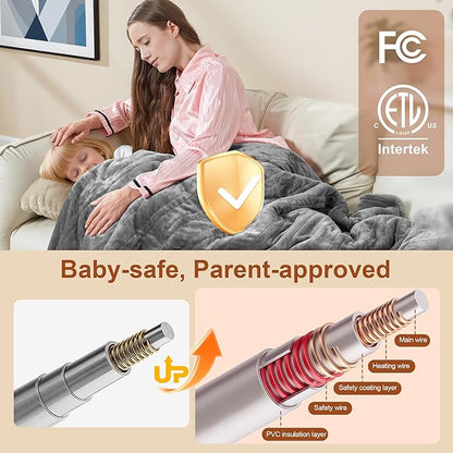 Electric Blanket Heated Throw, Ultra-Soft 60" x 50" Heating Blankets, Fast, Even & Efficient Heating, 1-12 Hours Auto-Off and 6 Heatin Settings, UL Listed for Safety, Warm Gift for Grandma