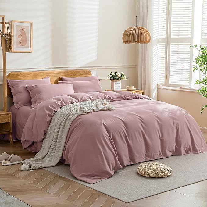 JELLYMONI Cotton Duvet Cover Cal King Size - Pink Comforter Cover with Button 100% Washed Cotton 3PCS Breathable Soft Solid Bedding Set Duvet Cover 104×98in & 2 Pillowcases (NO Comforter)