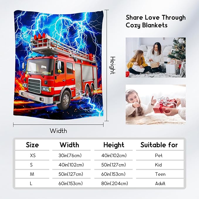 Boys Blanket for Kids, Fire Truck Blanket for Boys, Car Gifts with Lightning, Warm Fleece Throw for Couch Sofa, 50"x60"