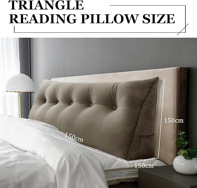11 lbs Thickened Queen Wedge Pillow Headboard Body Positioner Bed Wedge Pillow Backrest Support Triangular Headboard Cushion with Side Pocket Velvet Positioning Support Taupe