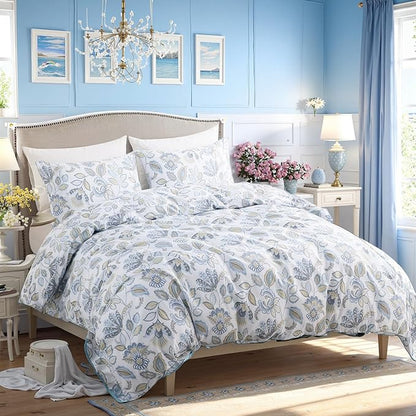 Blue Floral Duvet Cover Queen Size 100% Cotton Botanical Coquette Comforter Cover 3 Pieces Soft & Breathable French Style Duvet Cover with Zipper Closure