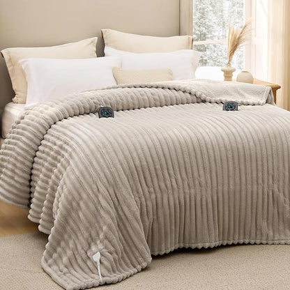 Bedsure Electric Blanket Queen Size - Thick Striped Flannel Electric Blanket with Dual Control, Heating with 10 Heat Settings & 10 Time Settings, 8 hrs Timer Auto Shut Off (84x90 inches, Linen)