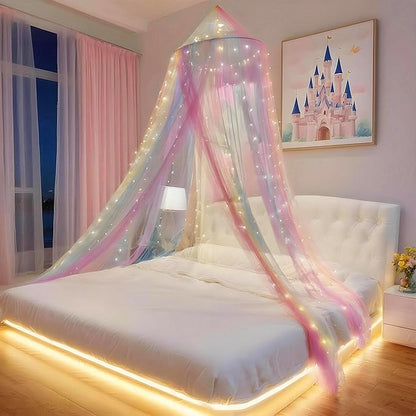 Eimilaly Princess Rainbow Bed Canopy with 250pcs Warm White Curtain Lights, Bed Canopy for Girls Room Decor or Unicorn Theme Party